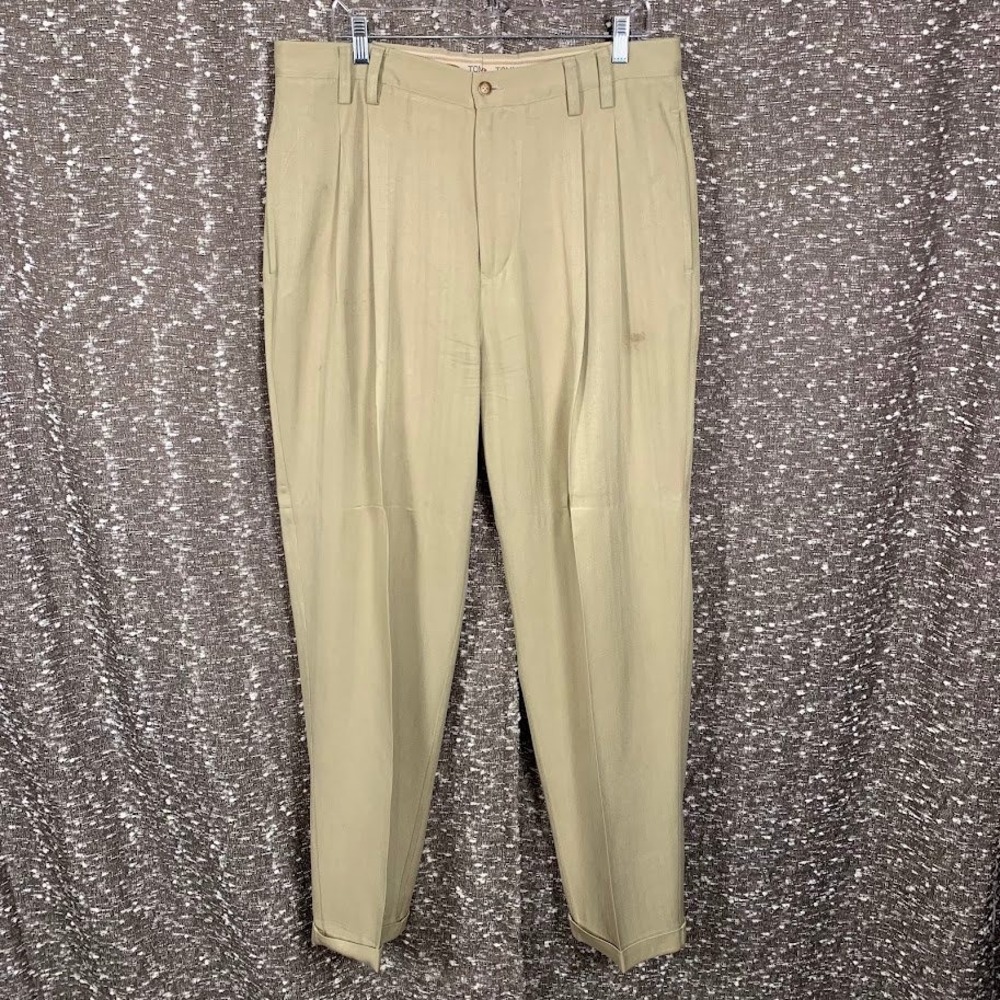 Tommy Bahama Relax Trousers Mens 36 Khaki Tan 100% Silk Pleated Cuffed Pants